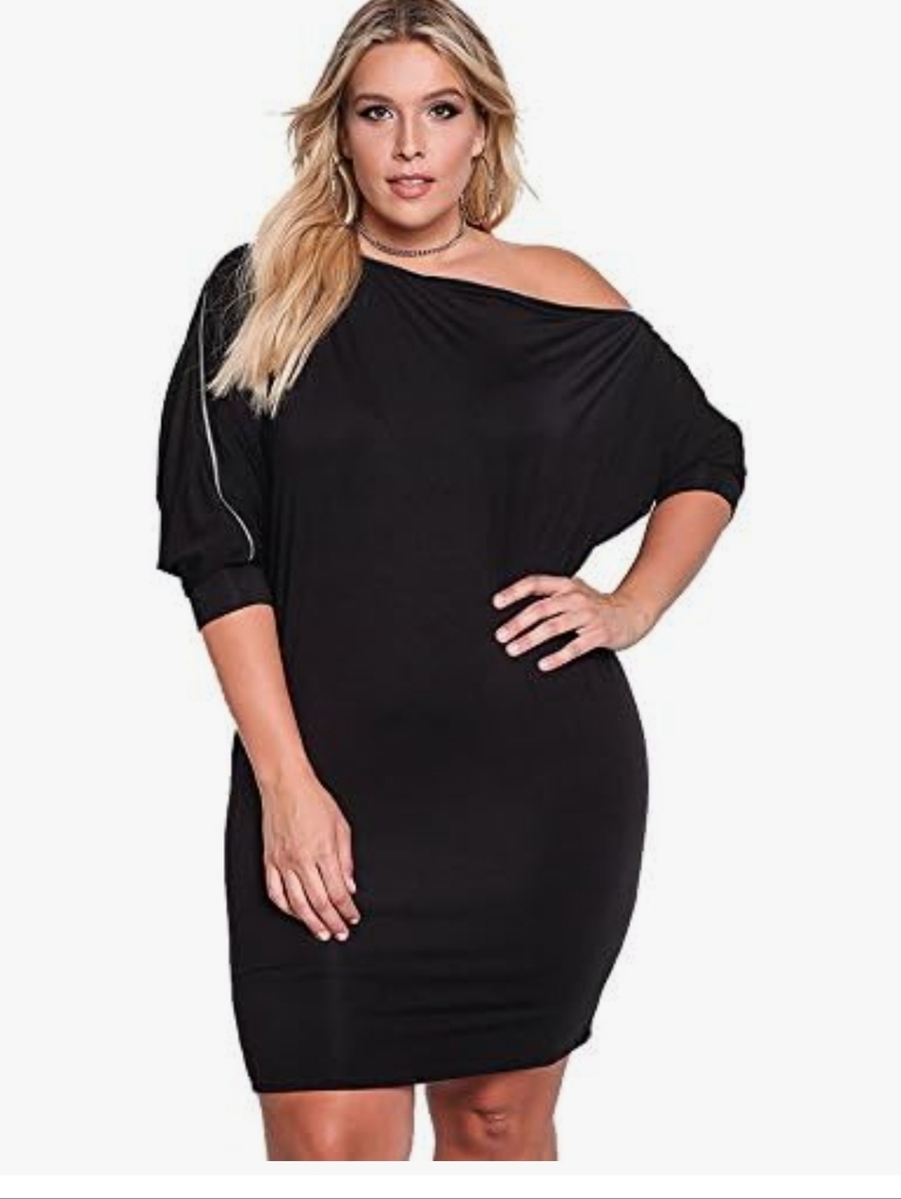Plus Size One-Shoulder Black Dress with Batwing Sleeve